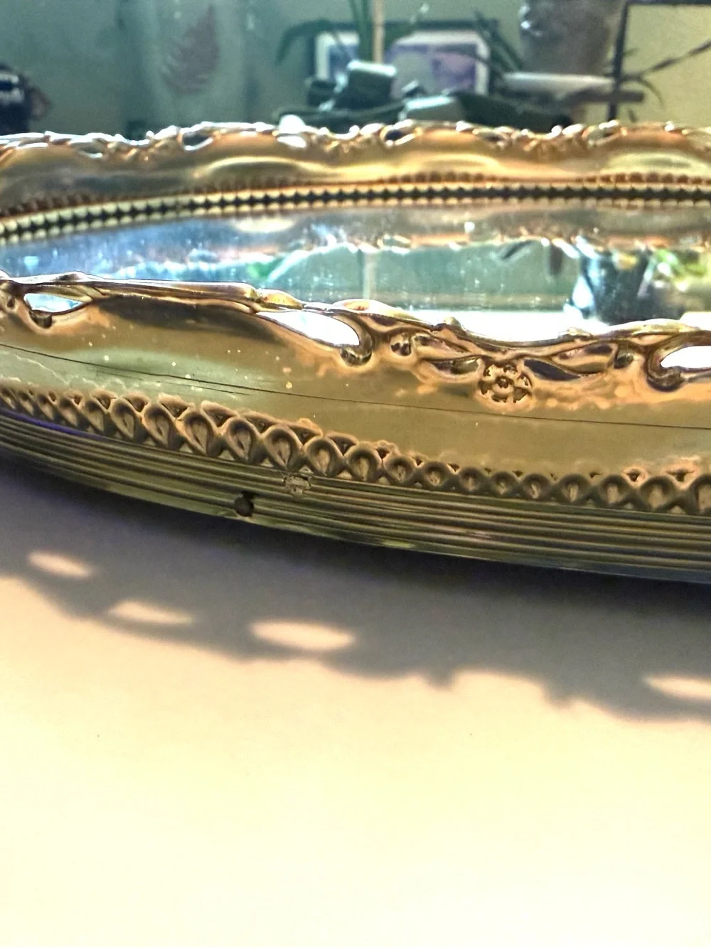 Vintage Midcentury Footed Mirrored Oval Dish Vanity Decor Ormolu Gold Plated